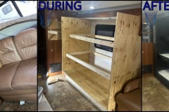 Before and after comparison of custom shelf installation inside an RV