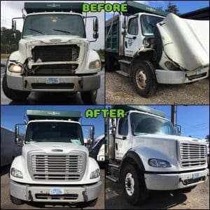 Autobody collision damage repair for commercial fleets preformed on a dump truck.